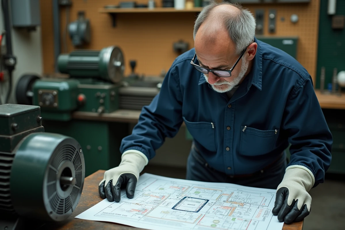 Électricien industriel analysant un schéma électrique 380V pour le câblage d'un moteur de machine-outil en atelier