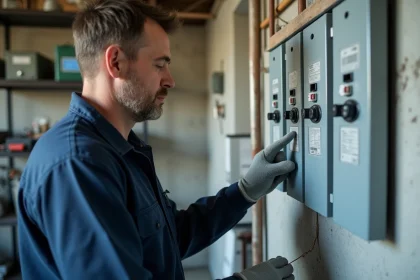 Électricien inspectant un tableau électrique avec disjoncteurs différentiels type A et AC dans une salle technique résidentielle