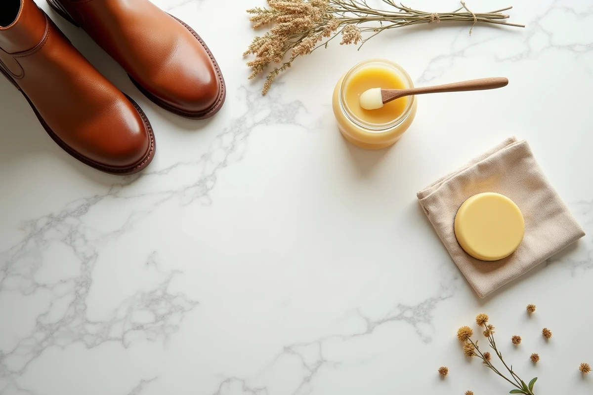 Vue de dessus d'une paire de bottines en cuir caramel avec un pot de baume à la cire d'abeille et un chiffon en coton sur marbre blanc