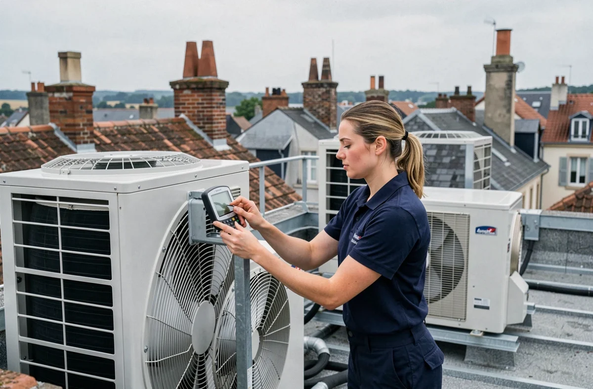 Technicienne d'ESTA réalisant un diagnostic sur un système de climatisation commerciale sur un toit en Indre-et-Loire