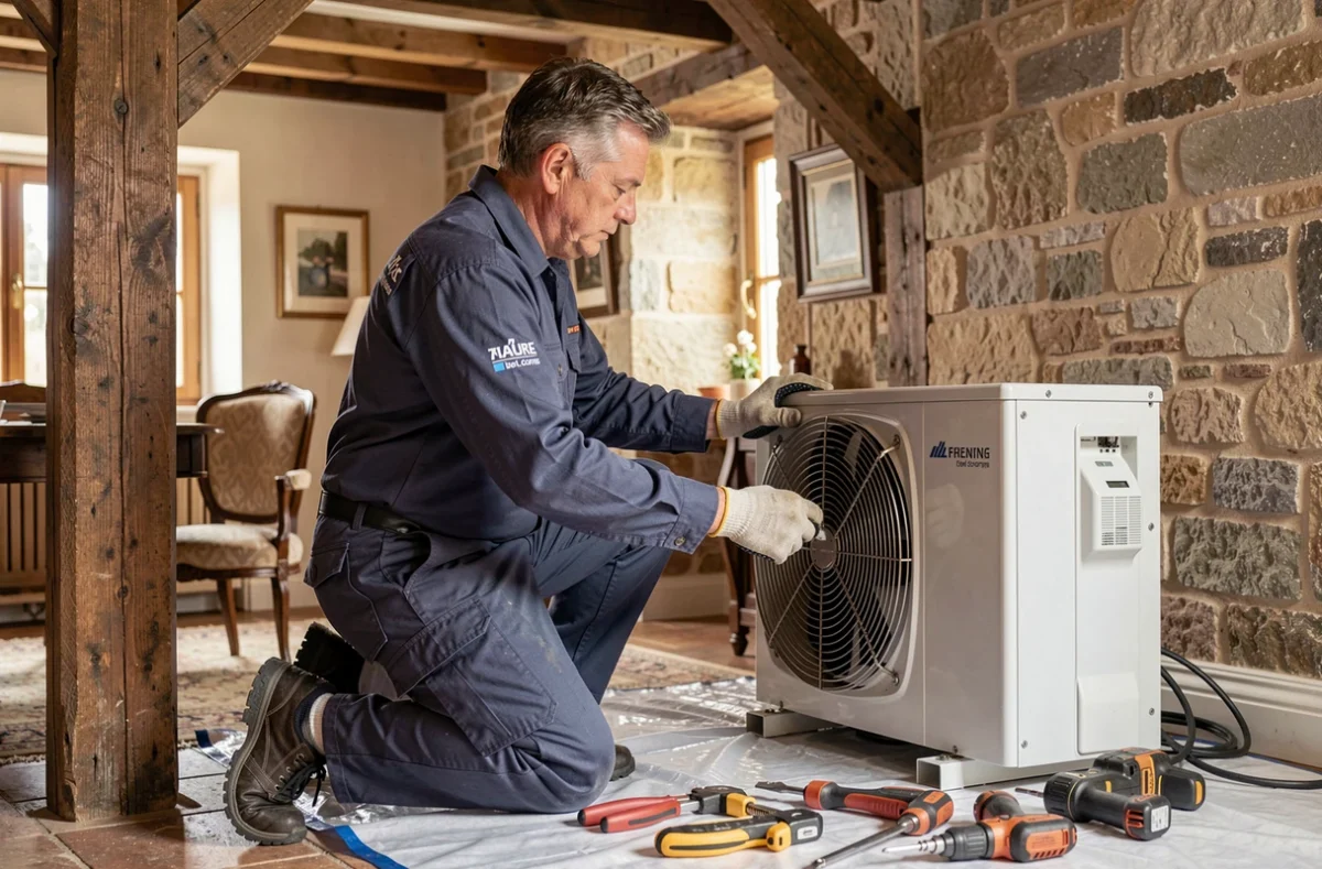 Technicien des Etablissements J M Meunier installant une unité de climatisation dans une maison en Indre-et-Loire