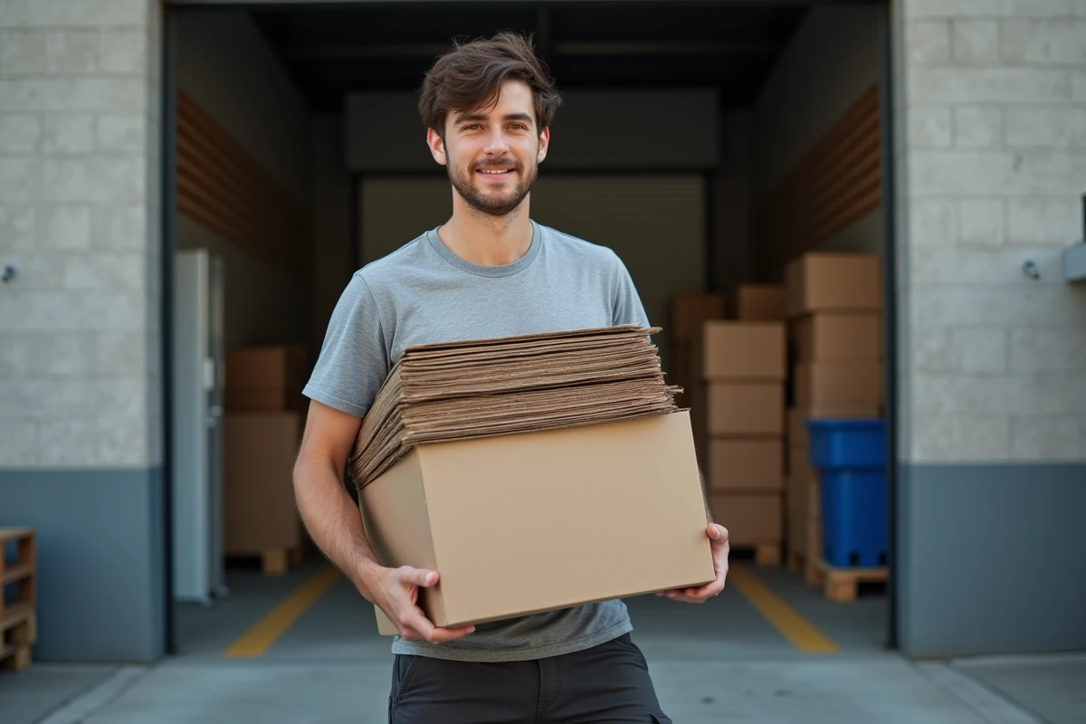Étudiant récupérant des cartons gratuits derrière un supermarché pour son déménagement en urgence