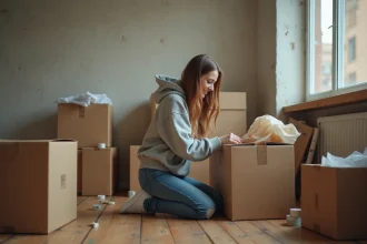 Jeune femme étudiante qui trie des cartons gratuits récupérés avant un déménagement urgent dans un appartement vide