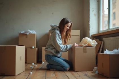 Jeune femme étudiante qui trie des cartons gratuits récupérés avant un déménagement urgent dans un appartement vide