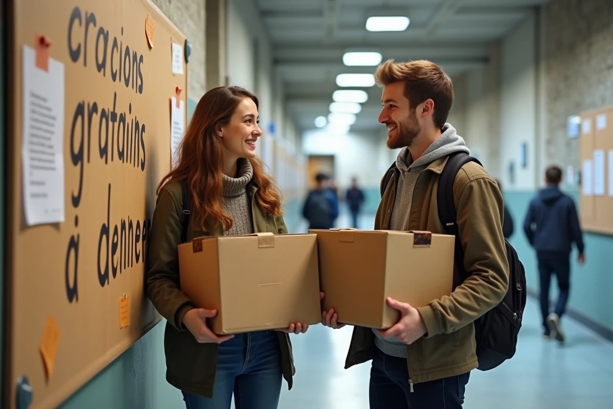 Deux étudiants récupèrent des cartons gratuits affichés sur un panneau d'une université pour leur déménagement