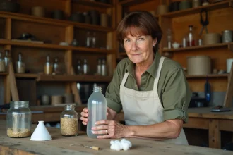 Femme assemblant un piège à phéromone maison avec une bouteille recyclée dans un atelier de jardin rustique