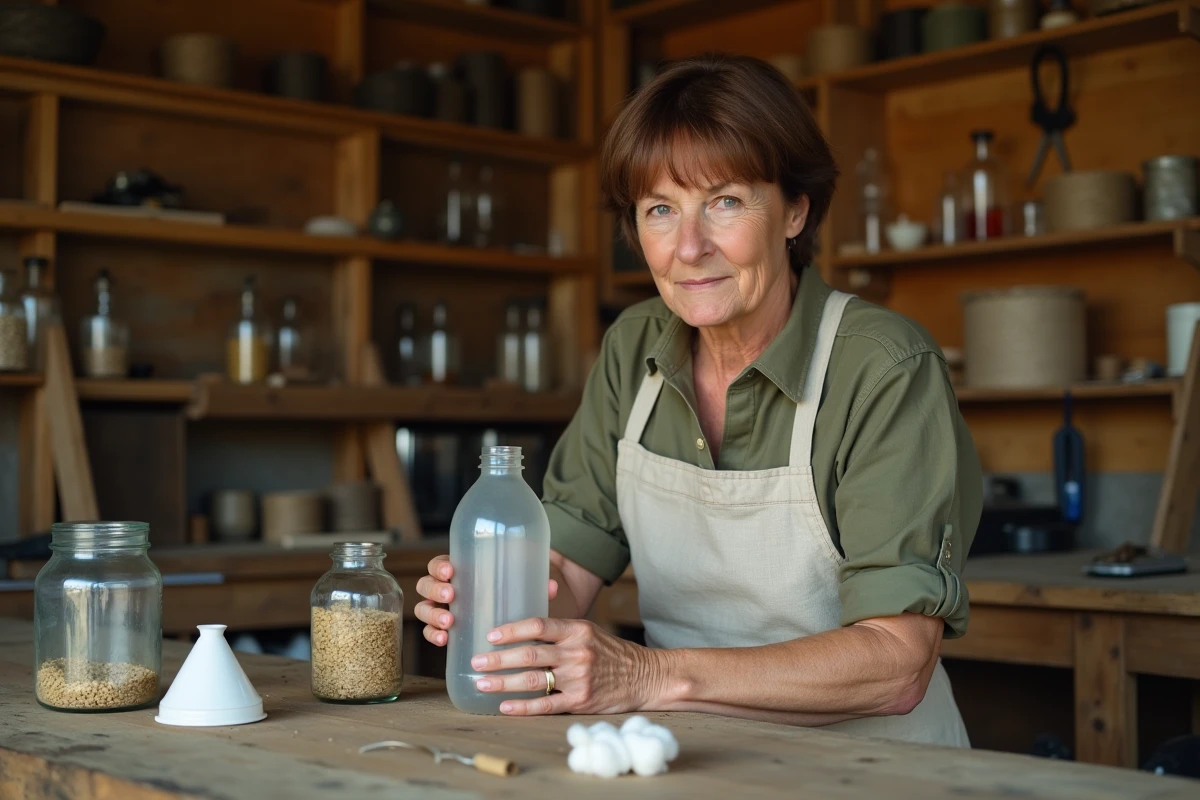 Femme assemblant un piège à phéromone maison avec une bouteille recyclée dans un atelier de jardin rustique