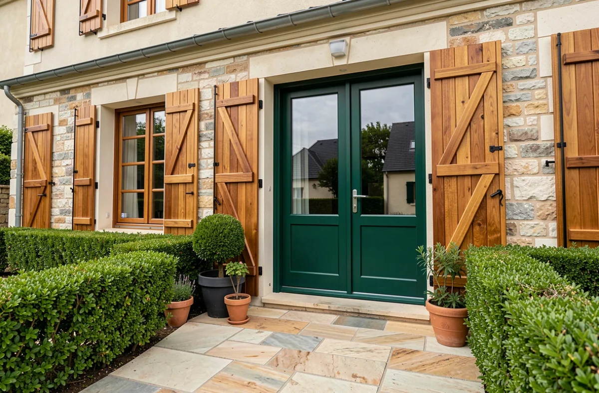 Façade de maison française avec volets et porte d'entrée en bois sur mesure peints en vert forêt