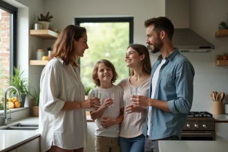 Famille dans la cuisine moderne partageant un verre d'eau