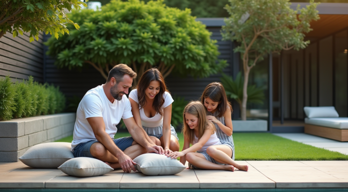 Famille de quatre près de la piscine dans un jardin moderne