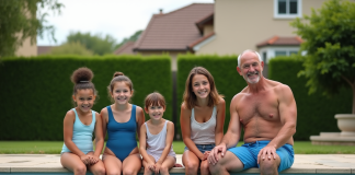 Famille multigenerational au bord de la piscine extérieure