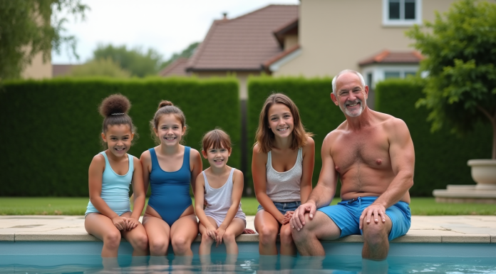 Famille multigenerational au bord de la piscine extérieure