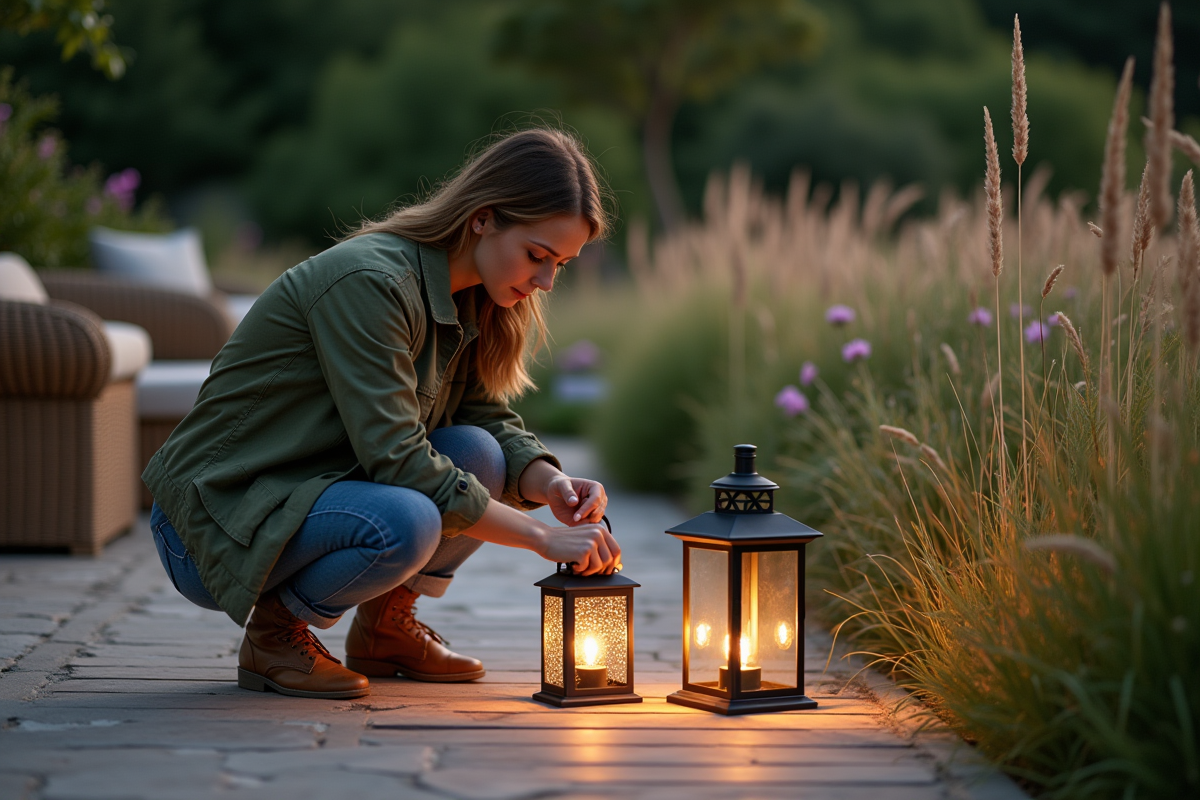 Jeune femme ajustant des lanternes décoratives sur la terrasse