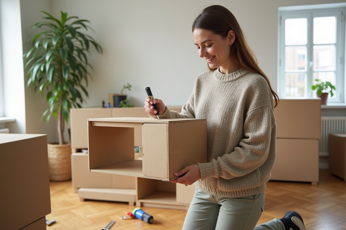 Jeune femme assemblant une étagère dans un salon lumineux