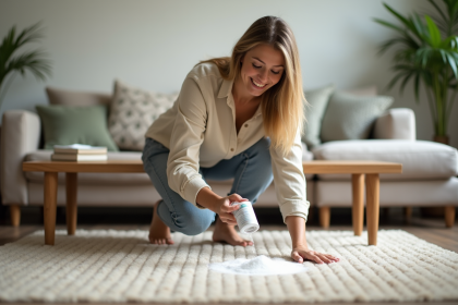 Femme souriante saupoudrant du bicarbonate sur un tapis beige dans un salon moderne