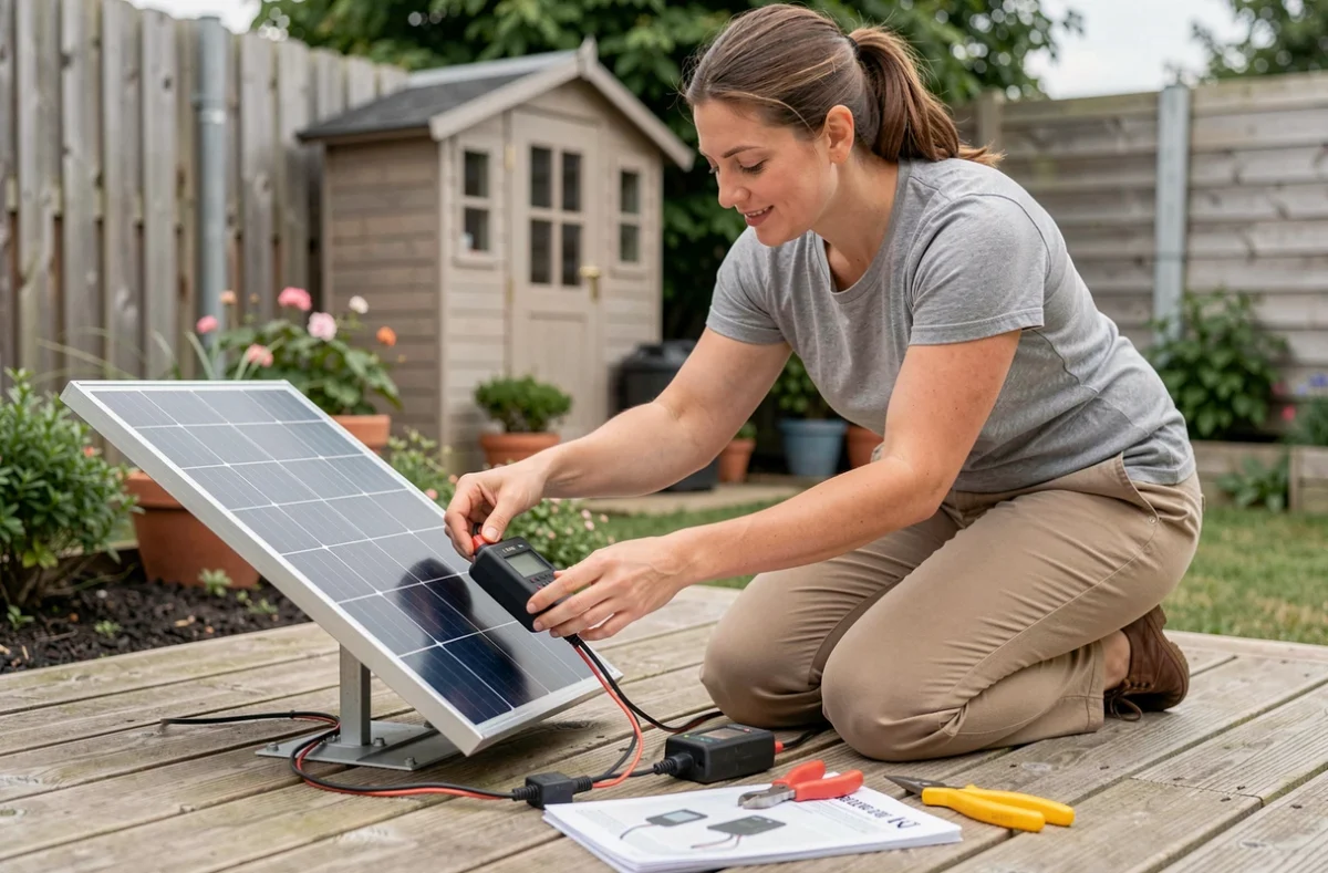 Une femme connecte les câbles d'un panneau solaire DIY sur sa terrasse en bois