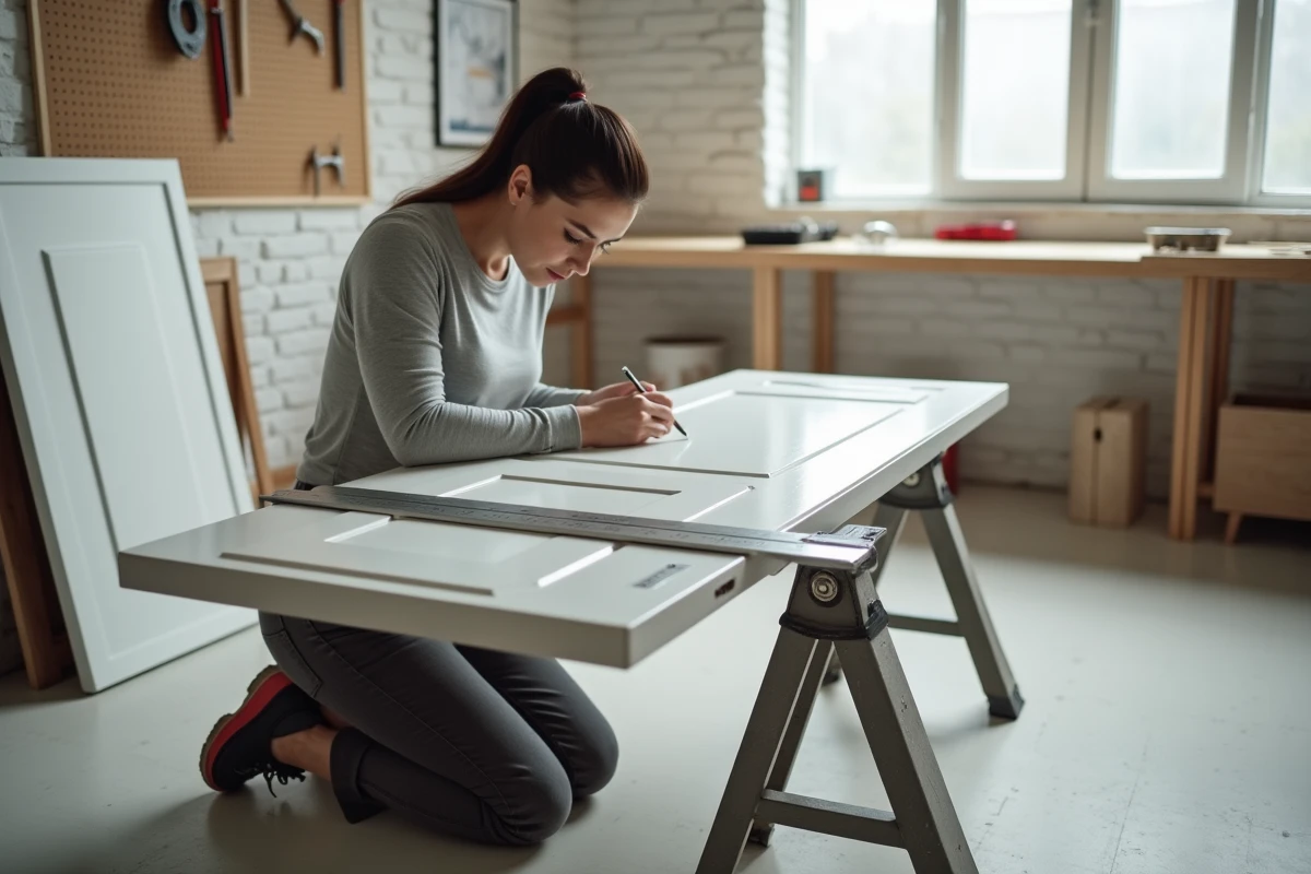 Femme bricoleure mesurant les encoches de gonds sur une porte posée à plat dans un atelier