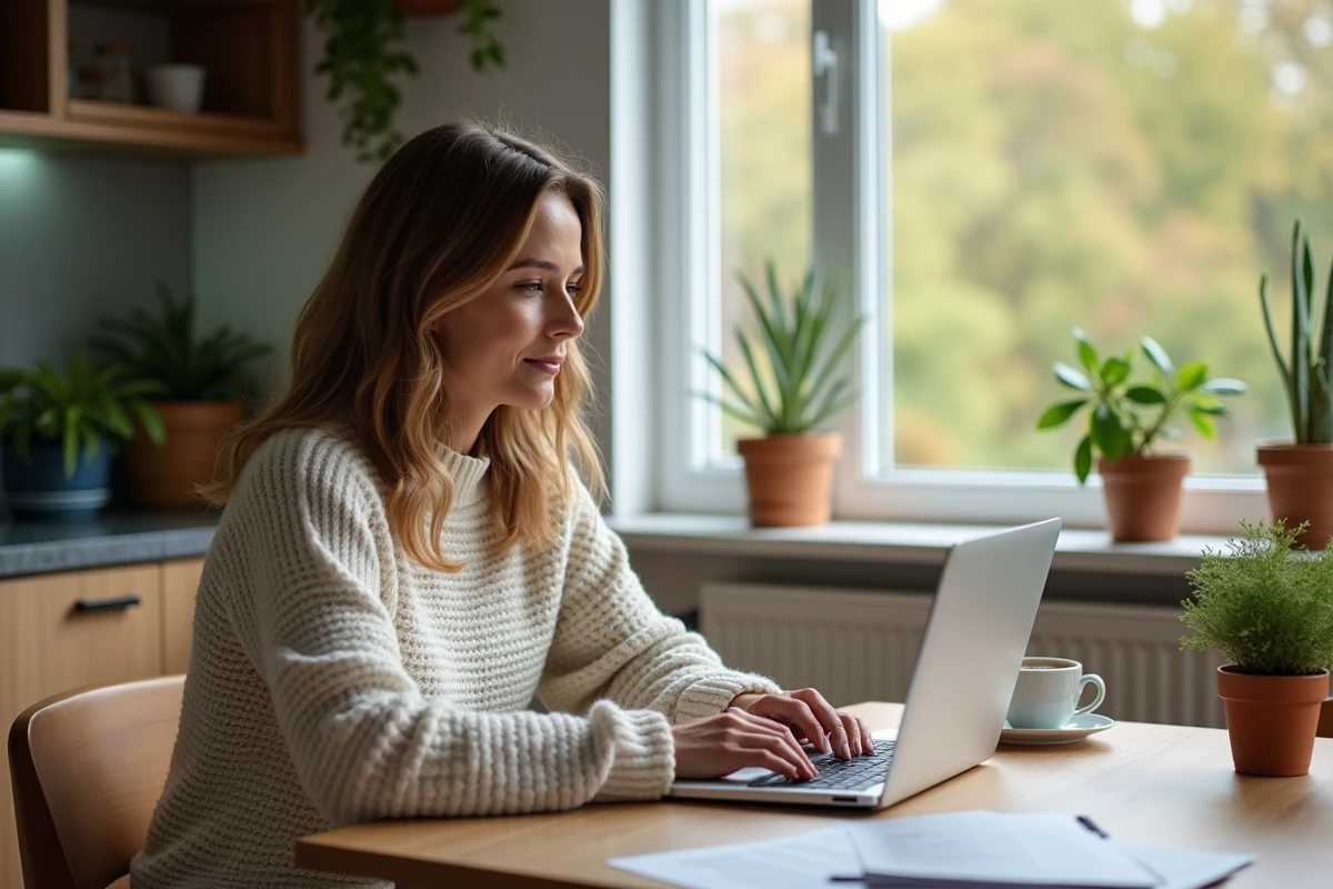Femme détendue travaillant à la maison avec un ordinateur