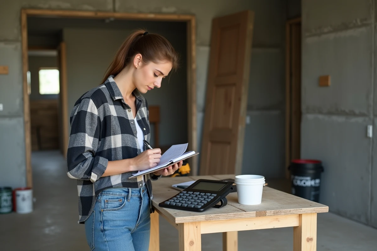 Jeune femme utilisant une tablette pour calculs de construction