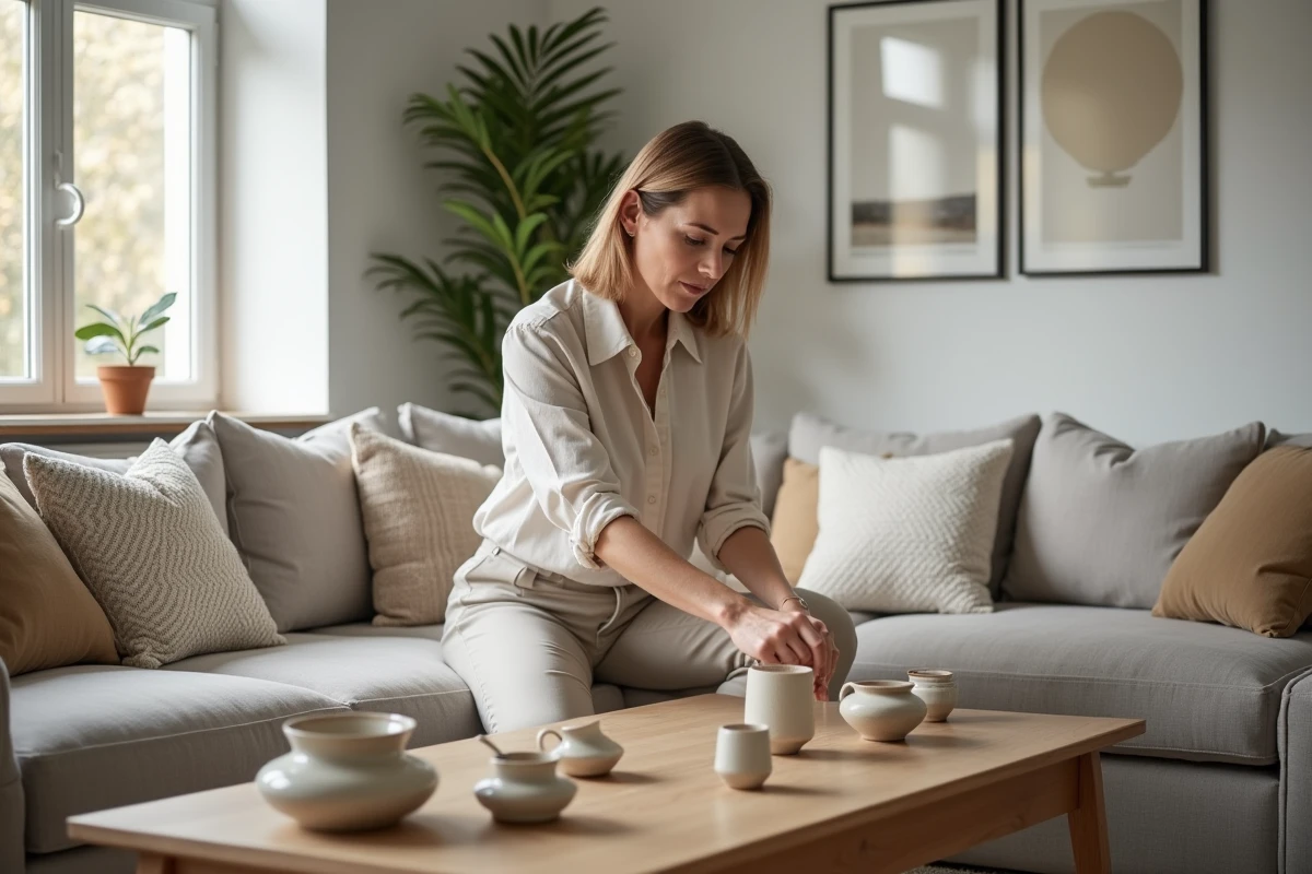 Femme arrangeant des céramiques dans un salon lumineux