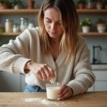 Femme verser des flocons de cire soja dans un verre à la cuisine