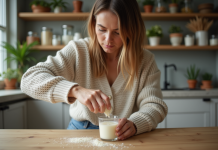 Femme verser des flocons de cire soja dans un verre à la cuisine