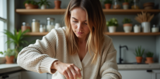 Femme verser des flocons de cire soja dans un verre à la cuisine