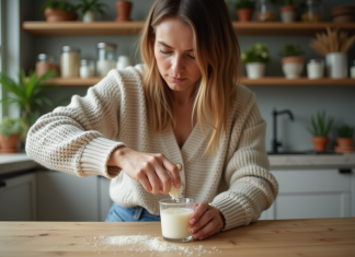Femme verser des flocons de cire soja dans un verre à la cuisine