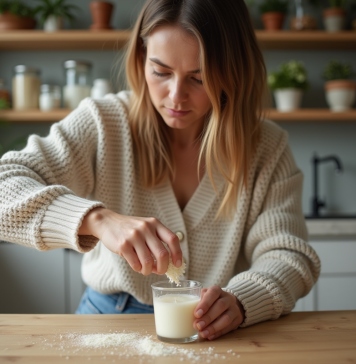 Meilleure cire bougies : comment choisir la plus adaptée ? Femme verser des flocons de cire soja dans un verre à la cuisine