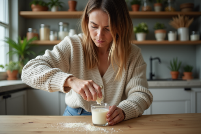 Femme verser des flocons de cire soja dans un verre à la cuisine