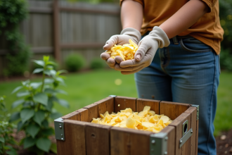 Femme ajoutant des épluchures dans un composteur dans le jardin