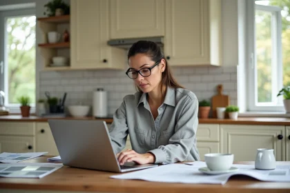 Femme consultant le site Maison et Travaux sur un ordinateur portable dans une cuisine moderne avec des échantillons de peinture et des plans de rénovation