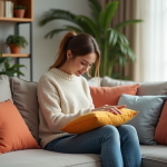 Femme arrangeant des coussins colorés dans un salon cosy