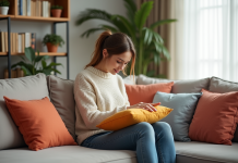 Coussins sur un canapé : conseils d’organisation et astuces déco Femme arrangeant des coussins colorés dans un salon cosy