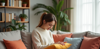 Coussins sur un canapé : conseils d’organisation et astuces déco Femme arrangeant des coussins colorés dans un salon cosy