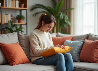 Femme arrangeant des coussins colorés dans un salon cosy
