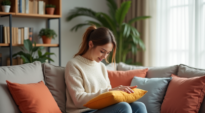 Femme arrangeant des coussins colorés dans un salon cosy