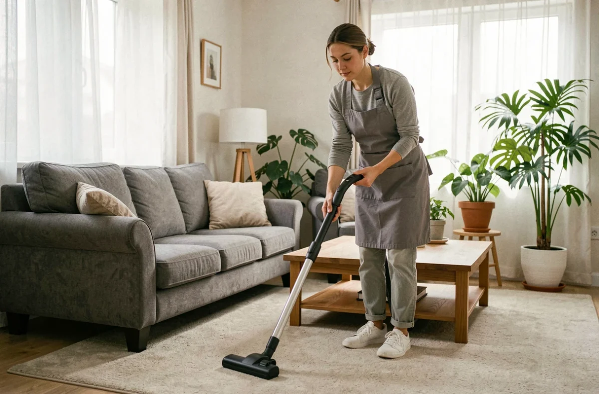 Professionnelle de nettoyage passant l'aspirateur dans un salon résidentiel lumineux avec canapé gris et plantes vertes