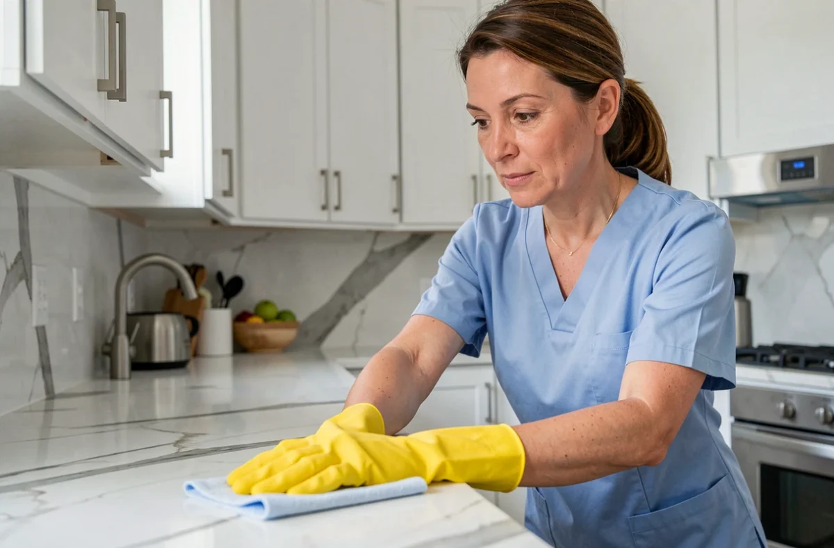 Femme de ménage professionnelle en uniforme bleu nettoyant un plan de travail de cuisine moderne avec un chiffon en microfibre