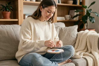 Femme débutante en broderie assise sur un canapé en lin, utilisant un kit de broderie pour débutants dans une ambiance cosy et apaisante
