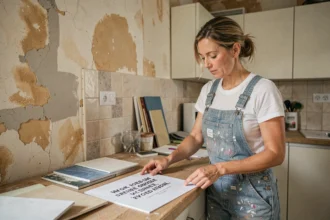 Femme consultant des devis de rénovation dans une cuisine en travaux avec échantillons de matériaux
