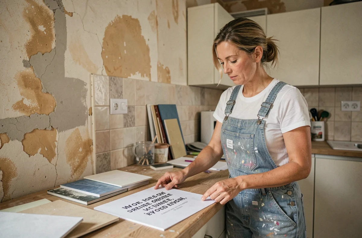 Femme consultant des devis de rénovation dans une cuisine en travaux avec échantillons de matériaux