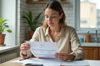 Femme consultant des documents justificatifs de domicile pour un dossier de location sur une table de cuisine