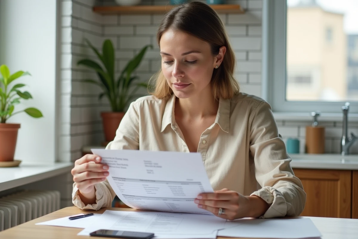 Femme consultant des documents justificatifs de domicile pour un dossier de location sur une table de cuisine