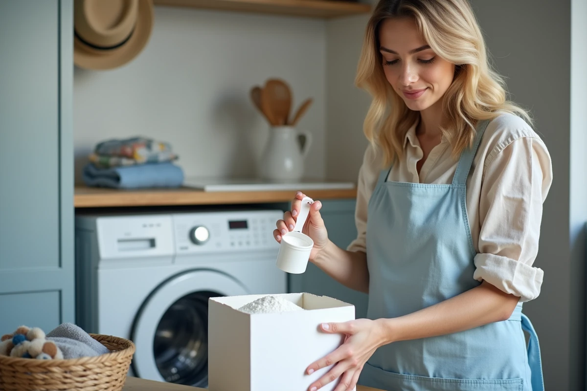 Femme dosant de la lessive en poudre dans une dosette devant un lave-linge, dans une buanderie moderne