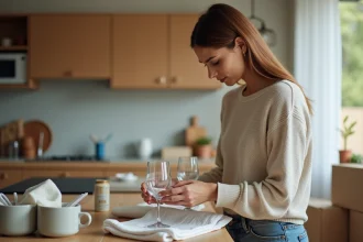 Femme emballant des verres dans une cuisine moderne