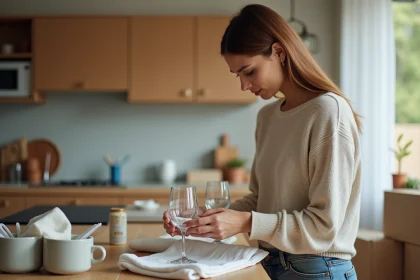 Femme emballant des verres dans une cuisine moderne