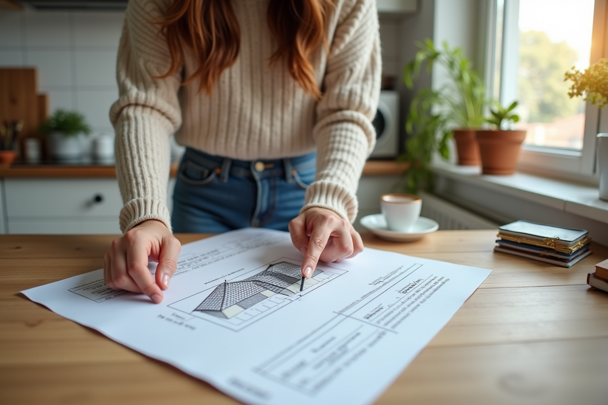 Jeune femme examine un devis de toiture dans la cuisine
