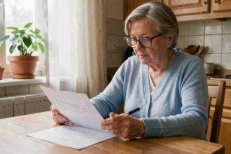 Femme âgée assise à une table de cuisine examinant un devis pour une aide ménagère