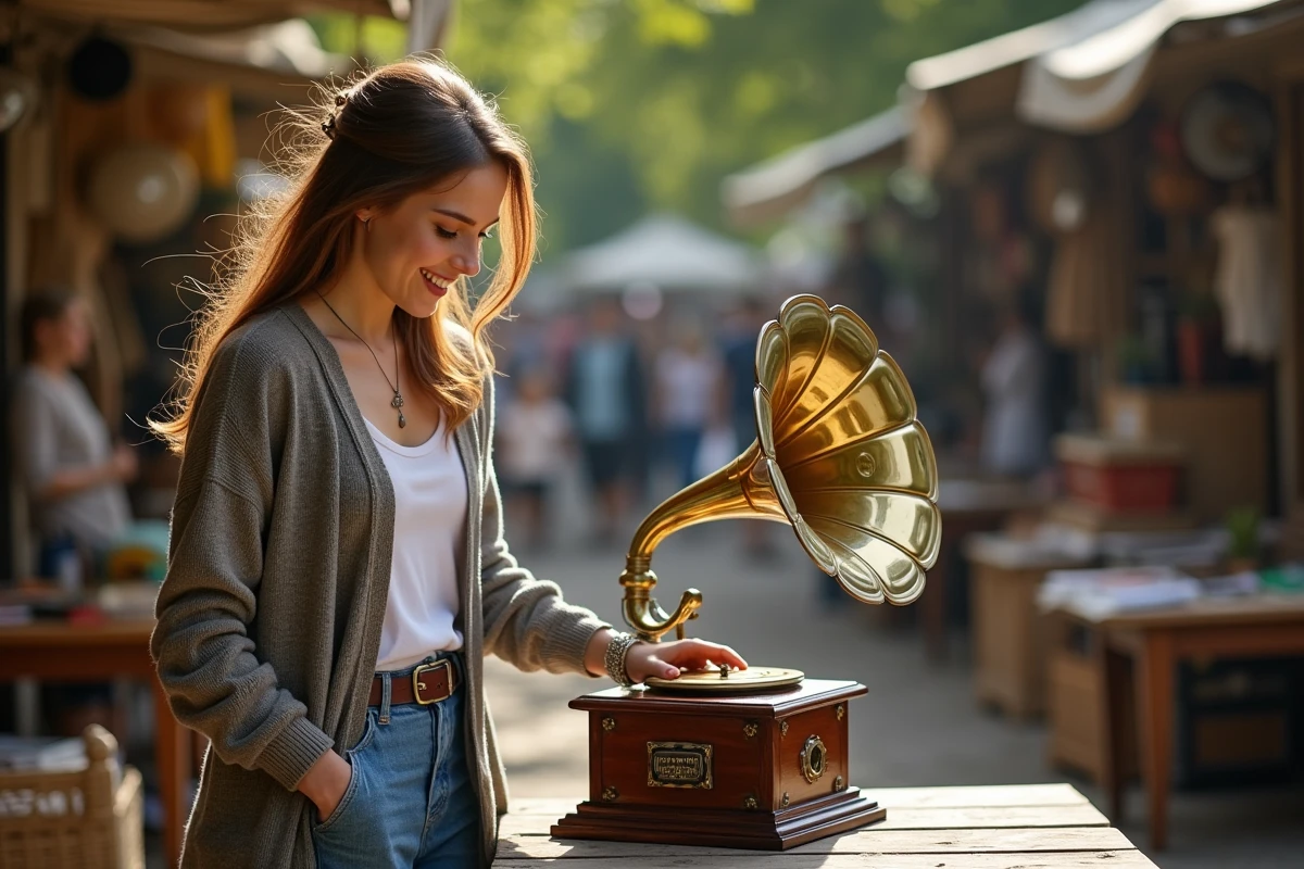 Jeune femme inspectant un gramophone au marché aux puces